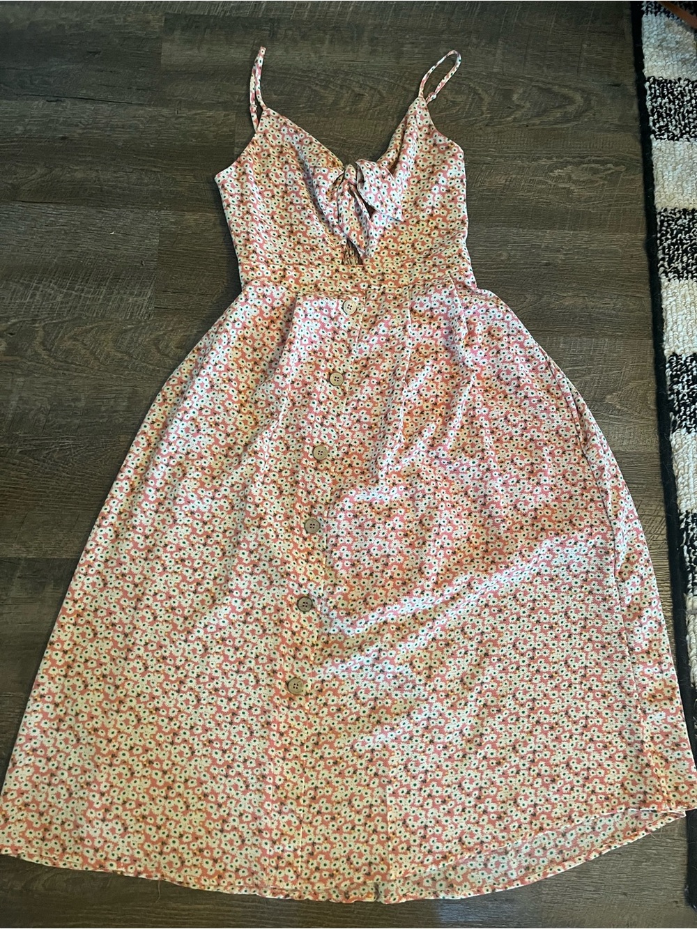 Floral Button-Front Sundress with Spaghetti Straps - Pink & White